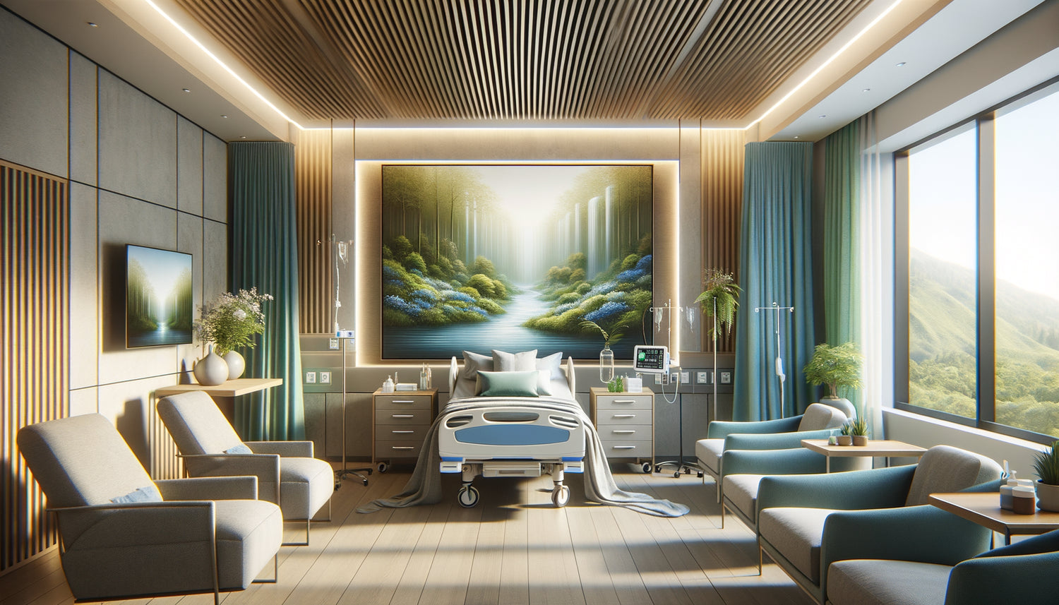 Tableau thérapeutique aux tons apaisants dans une chambre d'hôpital moderne conçue selon les protocoles healing environment
