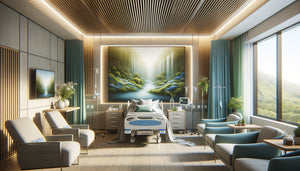Tableau thérapeutique aux tons apaisants dans une chambre d'hôpital moderne conçue selon les protocoles healing environment