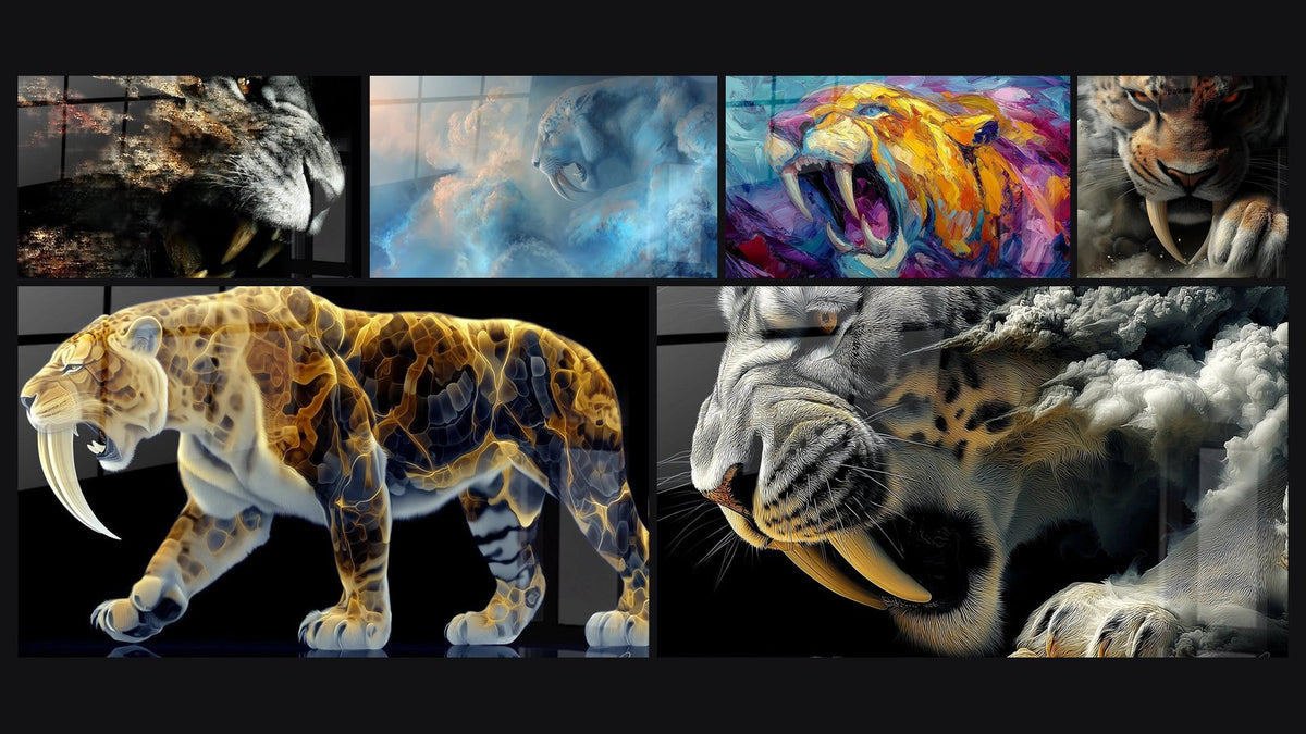 Mosaïque de six tableaux, dont Tigre à dents de sabre rugissant et Smilodon mystique dans les nuages