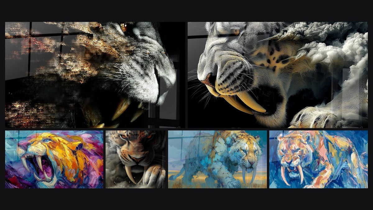 Mosaico di sei quadri, tra cui Tigre dai denti a sciabola ruggente, Smilodon maestoso e Smilodon con zanne sporgenti