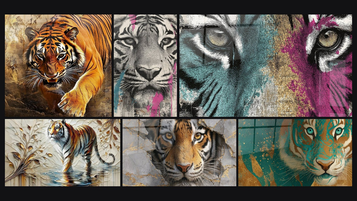 Mosaico di sei quadri, tra cui Tigre Sguardo Ardente, Riflesso Selvaggio e Evasione Muro Spezzato Sfumature Dorate