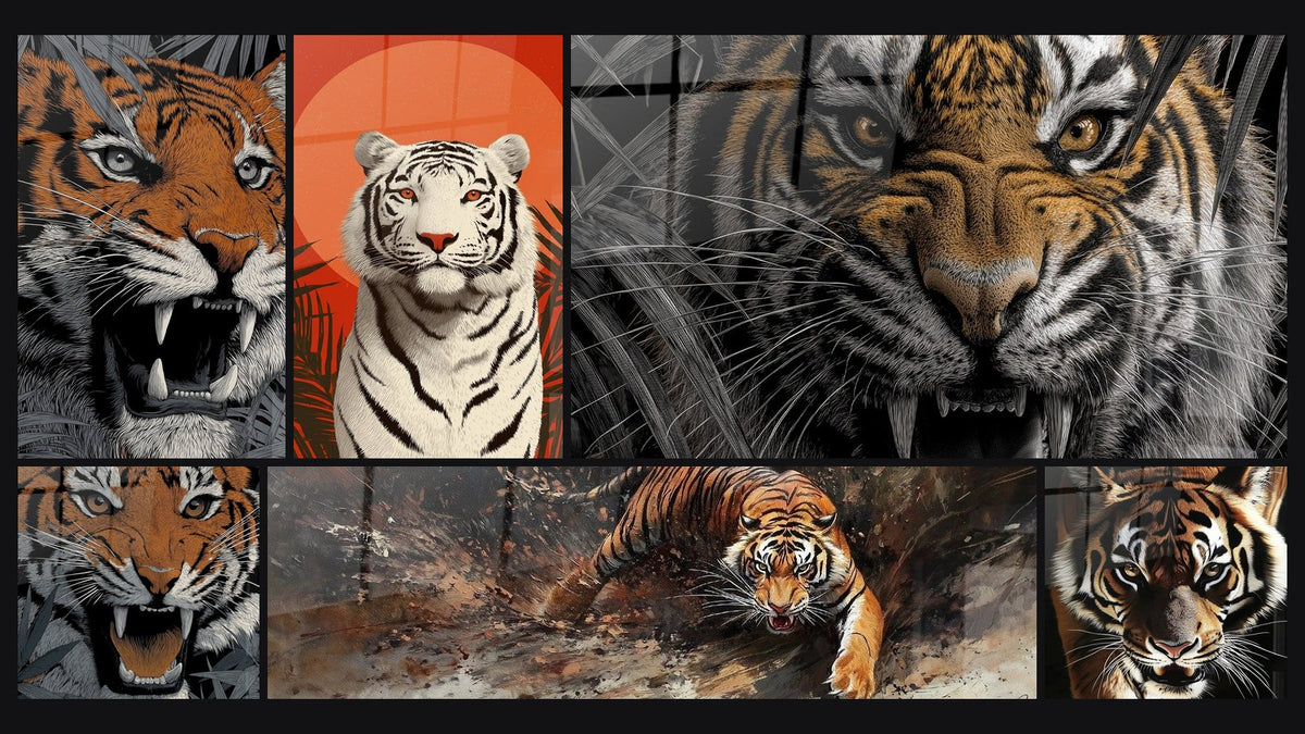 Mosaïque de six tableaux, dont Tigre Rugissant Orange et Noir Jungle Gris, Tigre Flamme rebelle et Tigre Maître des ombres