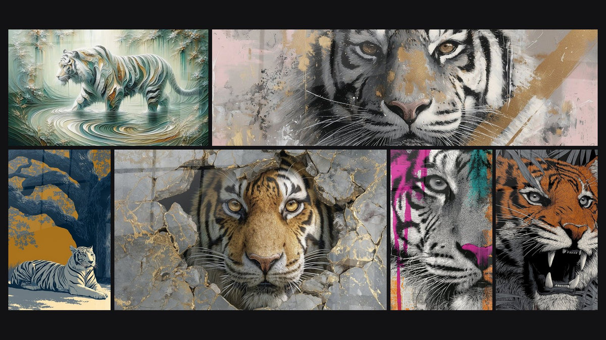 Mosaïque de six tableaux, dont Fier et Éternel et Tigre Graphique Rose Turquoise