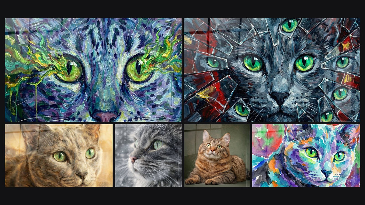 Mosaïque de six tableaux, dont Chat aux Yeux Verts, Chat aux Yeux Verts Fragmentés et Chat aux yeux verts émeraude
