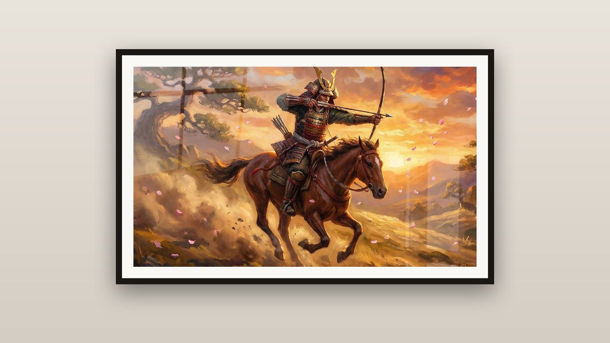 Framed painting on a wall: Samurai Archer on Horseback