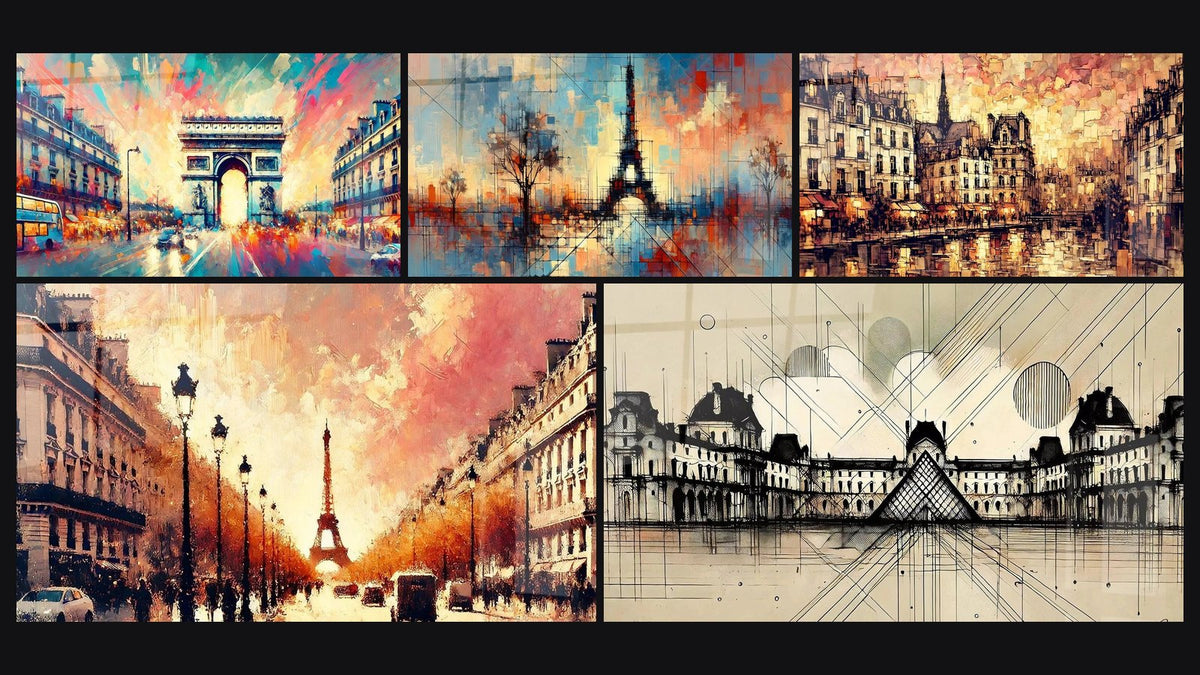Mosaico di cinque quadri, tra cui Arco di Trionfo N°1, Parigi N°1 e Quartiere Latino N°1