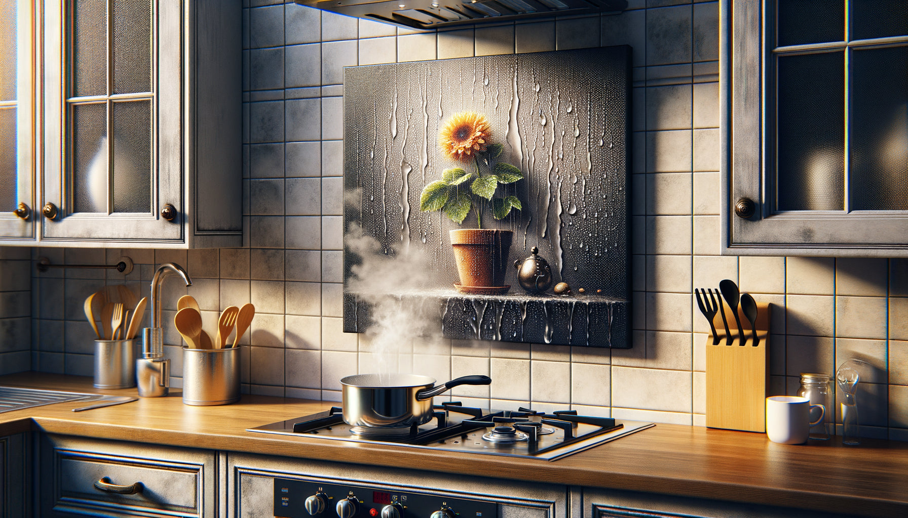 Tableau sur toile hydrophobe protégé de la vapeur dans une cuisine moderne avec condensation visible