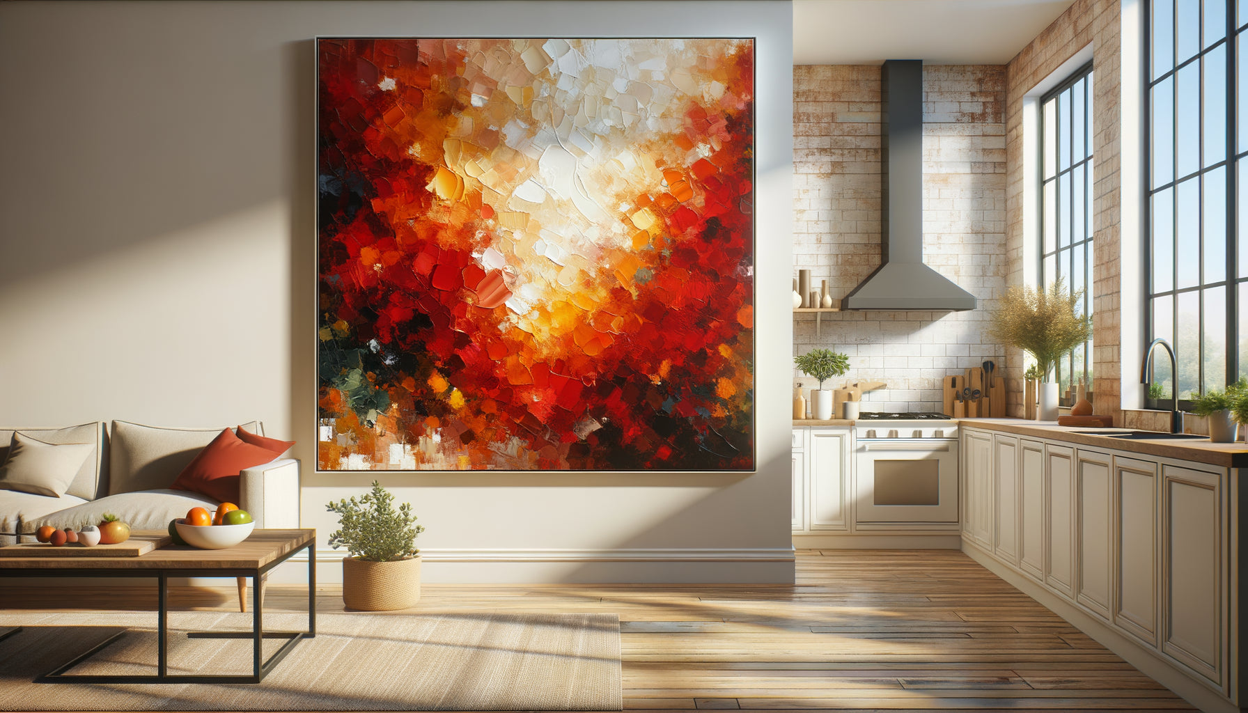 Tableau abstrait aux tons chauds rouge, orange et ocre accroché dans une cuisine moderne lumineuse