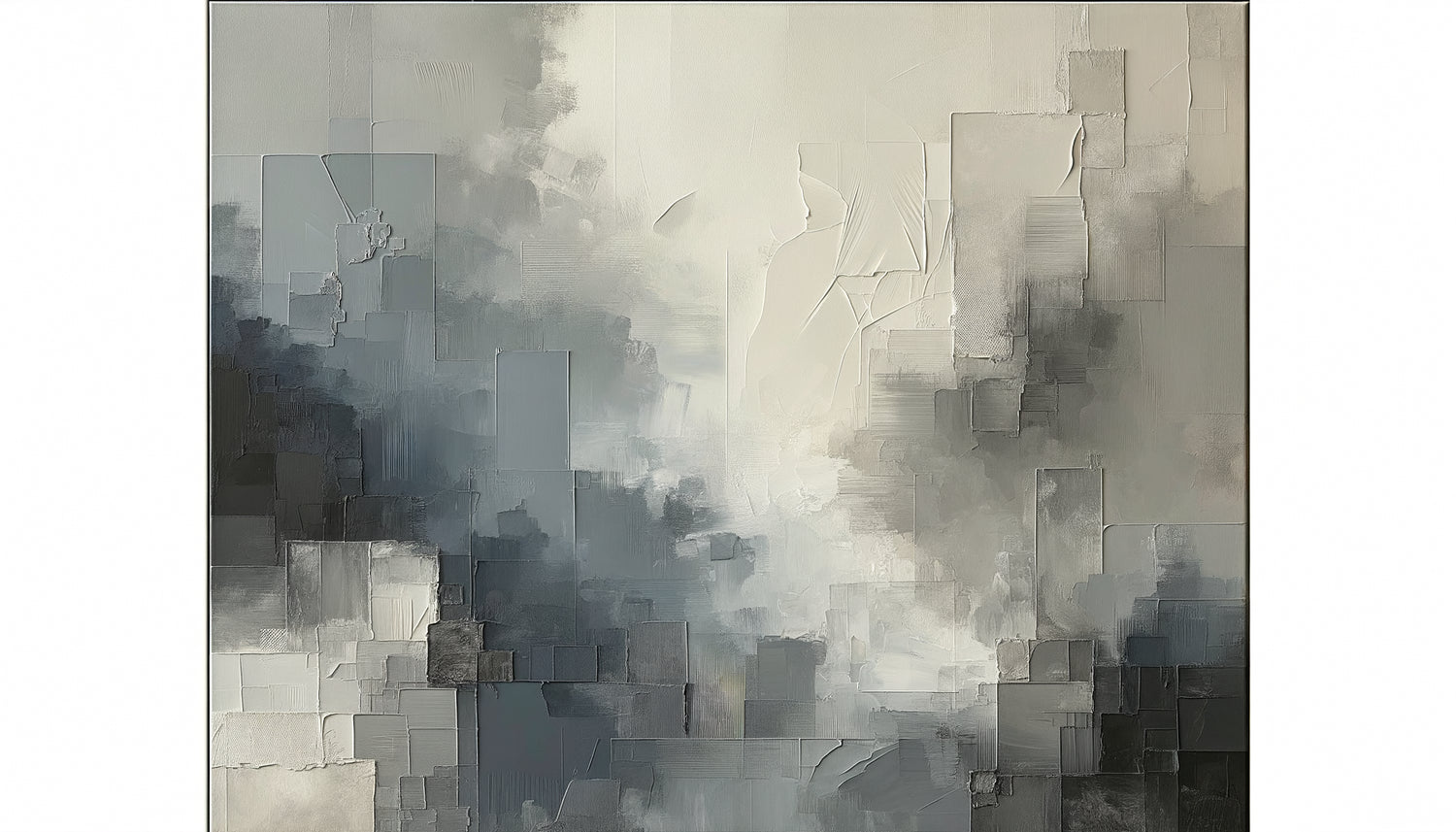 Tableau abstrait contemporain aux nuances de gris sophistiquées créant une atmosphère sereine et élégante
