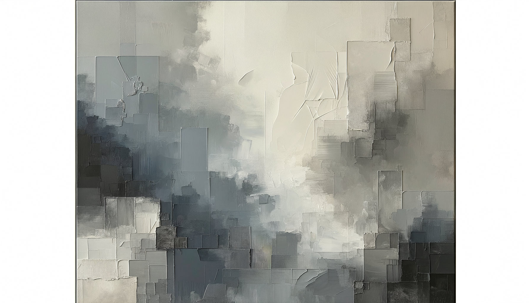 Tableau abstrait contemporain aux nuances de gris sophistiquées créant une atmosphère sereine et élégante