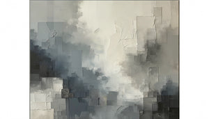 Tableau abstrait contemporain aux nuances de gris sophistiquées créant une atmosphère sereine et élégante