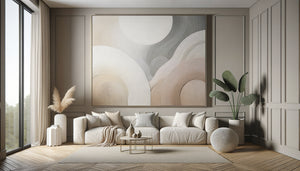 Tableau abstrait contemporain aux tons neutres beige et taupe dans un intérieur élégant moderne