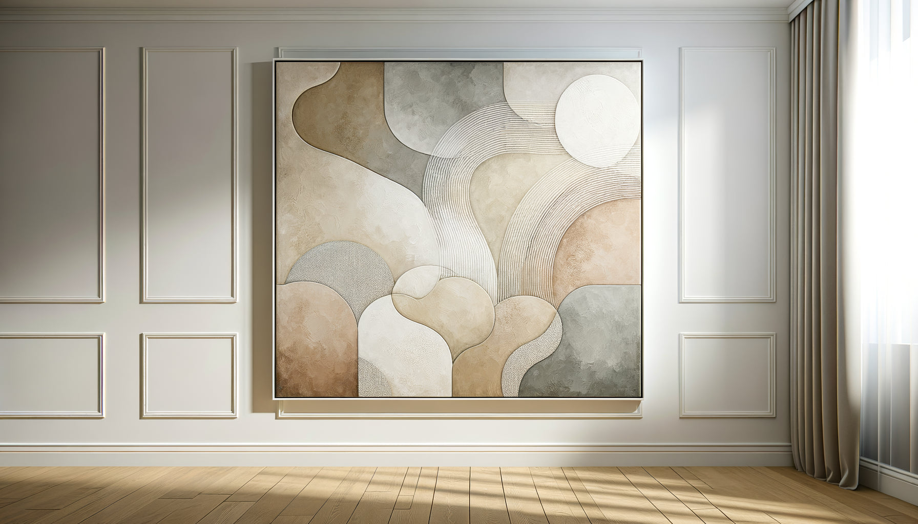 Tableau abstrait contemporain aux tons neutres beige, gris et taupe dans intérieur minimaliste moderne