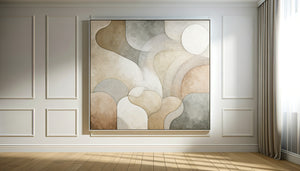 Tableau abstrait contemporain aux tons neutres beige, gris et taupe dans intérieur minimaliste moderne
