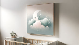 Tableau décoratif aux tons pastel doux avec lune et nuages dans une chambre de bébé contemporaine