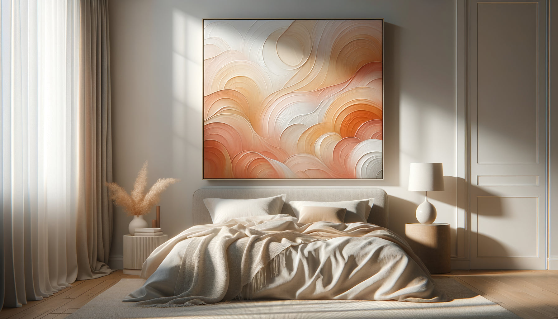 Tableau abstrait aux tons pêche et abricot réchauffant une chambre contemporaine aux murs blancs