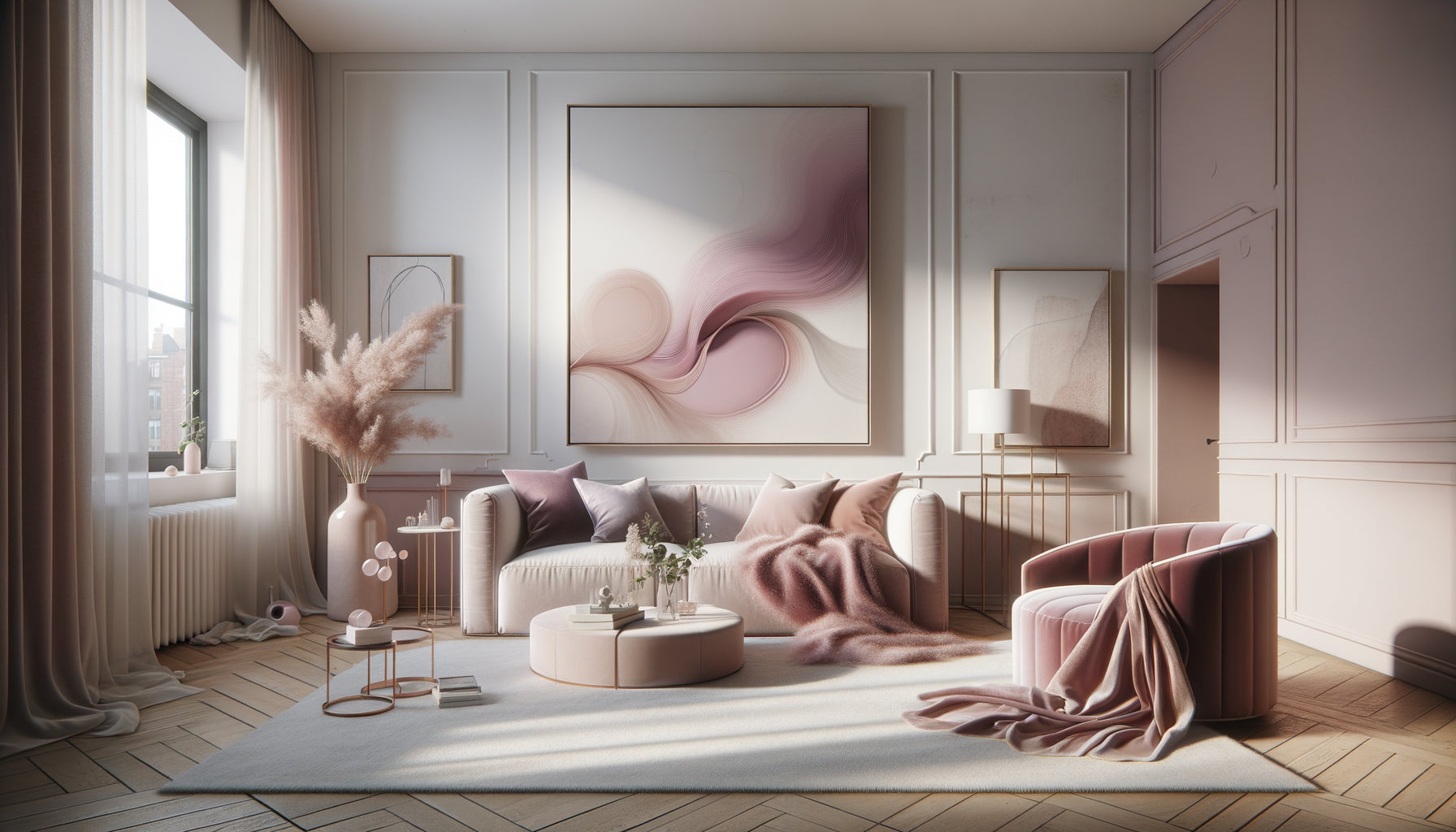 Tableau abstrait aux tons roses et mauves dans un studio féminin contemporain minimaliste et sophistiqué
