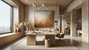 Cabinet professionnel au style organique avec tableau aux tons terreux ocres et beiges, matériaux naturels bruts