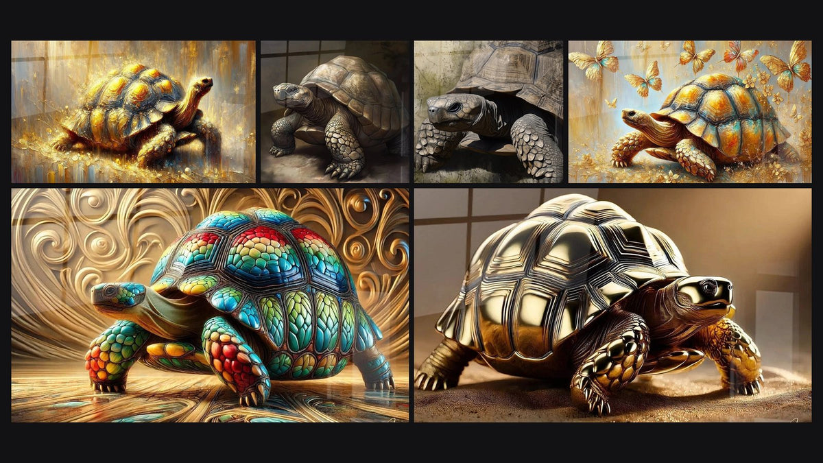 Mosaic of six paintings, including Earthly Brilliance, Turtle Mobile Refuge and Turtle Time Memory