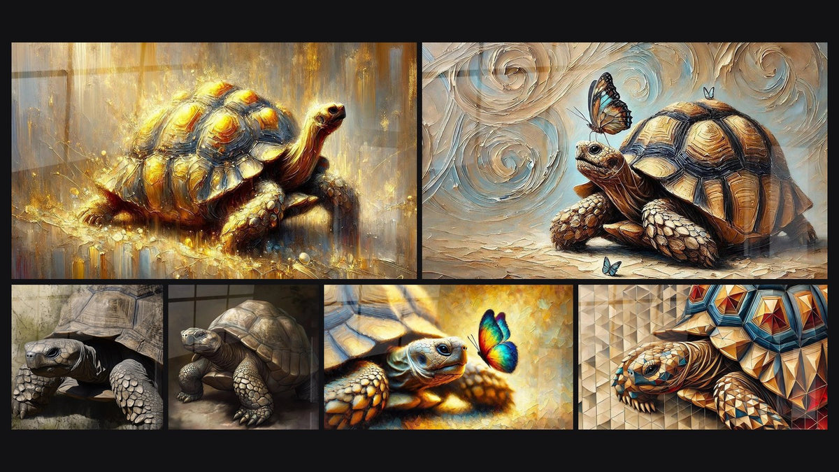 Mosaïque de six tableaux, dont Brillance terrestre, Tortue Mémoire du temps et Tortue refuge mobile