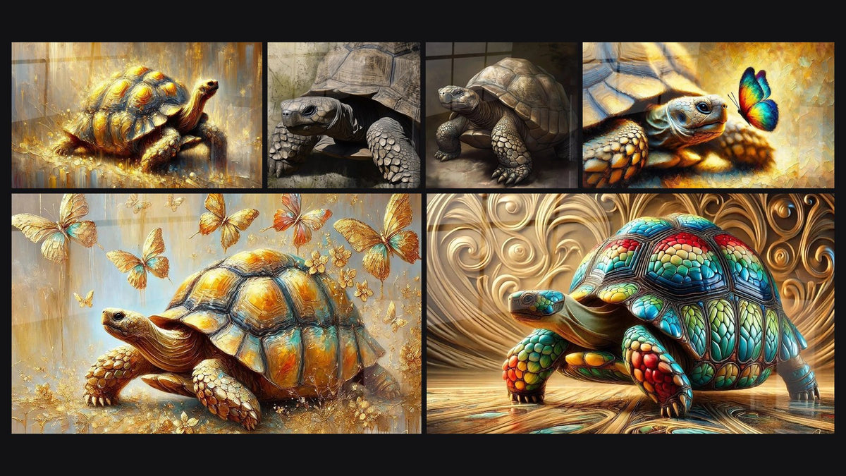 Mosaico de seis cuadros, entre ellos Brillo Terrestre, Tortuga Memoria del tiempo y Tortuga Refugio Móvil