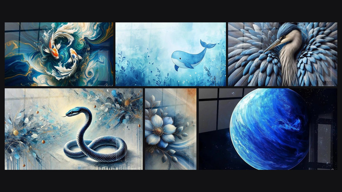 Mosaïque de six tableaux, dont Danse des Koi, Enfants N°9 et Bleu Royal