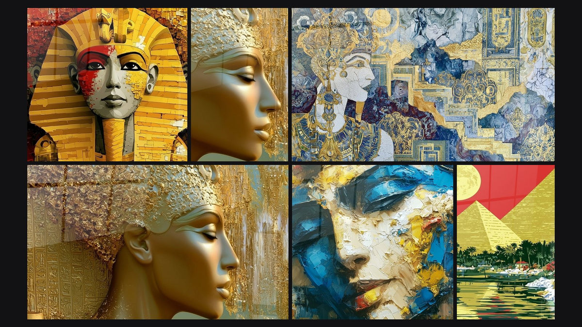 Mosaïque de six tableaux, dont Reine dorée au menton posé sur la main