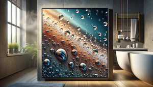 Gouttelettes d'eau perlant sur tableau traité hydrofuge en salle de bain humide