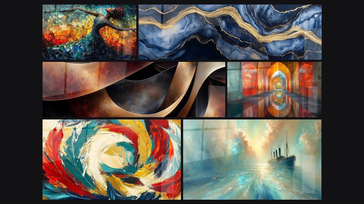 Mosaico di sei quadri, tra cui Danza Fuoco Liberatrice Rosso, Marmo Liquido Eternità Blu e Sinuosità Meditazione Ocra