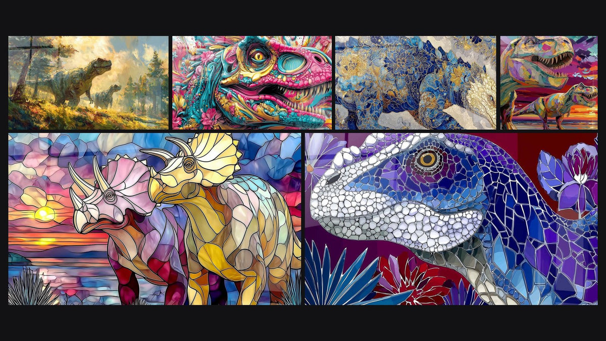 Mosaico de seis cuadros, entre ellos Tyrannosaurus Rex en bosque prehistórico y Dinosaurio Psicodélico