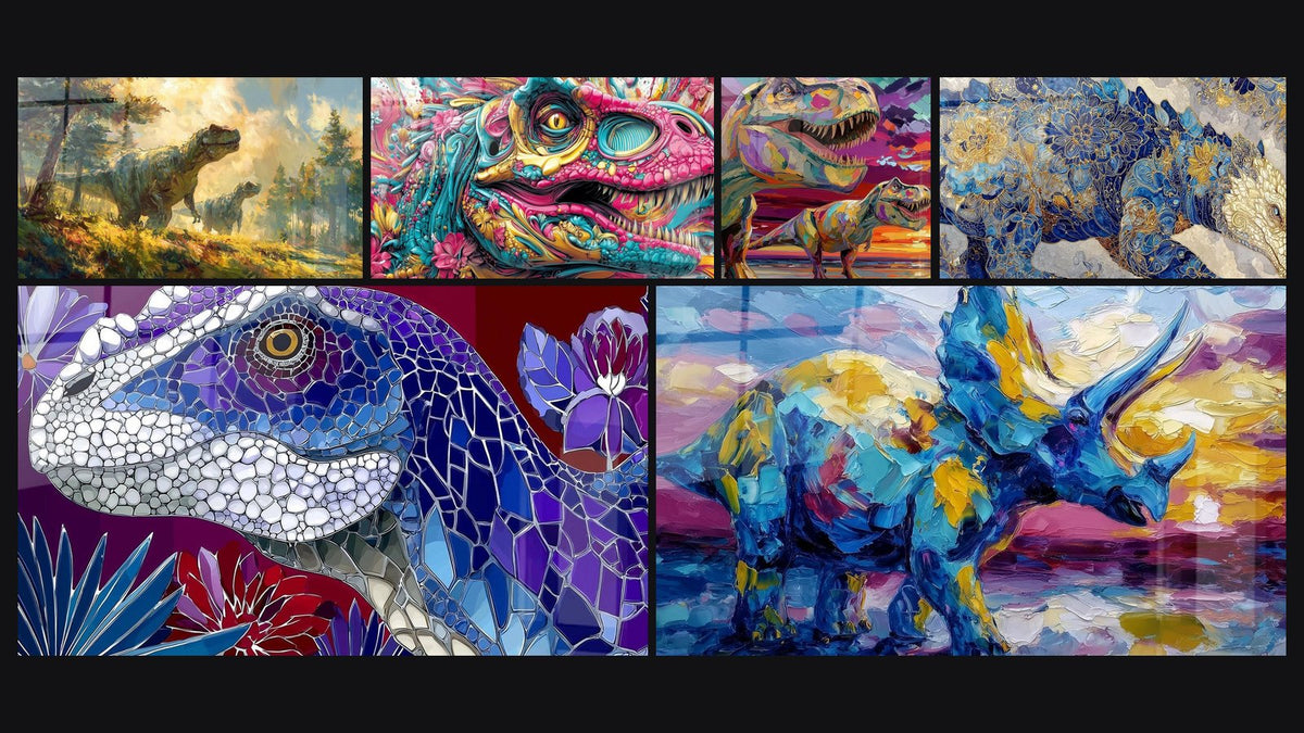 Mosaïque de six tableaux, dont Tyrannosaurus Rex en forêt préhistorique, Dinosaure Psychédélique et Dinosaure Scutosaurus