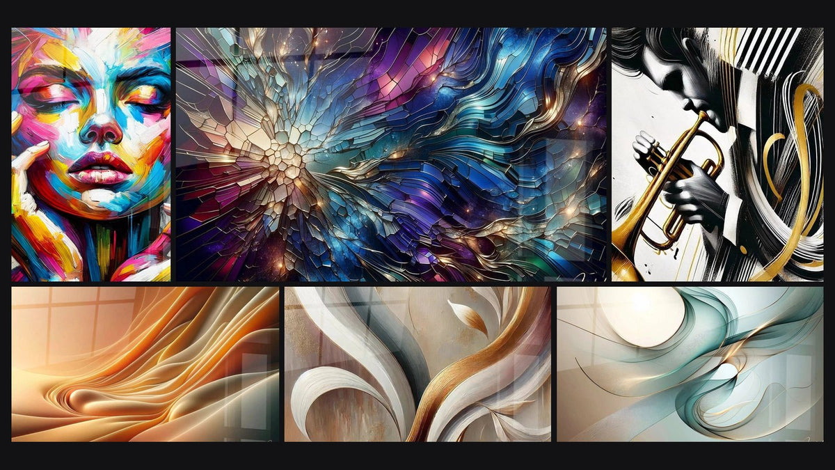 Mosaico de seis cuadros, entre ellos Resplandor Vintage, Fragmentos de Vitrales y Ondulaciones