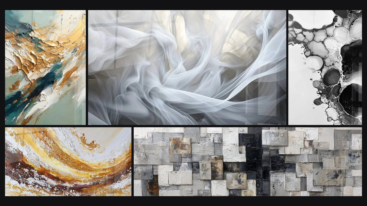 Mosaic of five paintings, including Golden Flux and Reflux, Veils of Light and Bubble Abstract