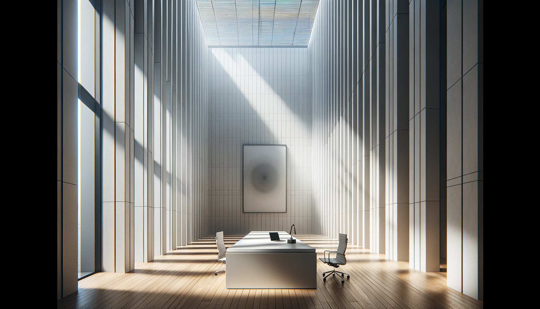 Bureau moderne aux hauts plafonds avec tableau paraissant trop petit sur mur blanc, illustrant problème d'échelle décorative