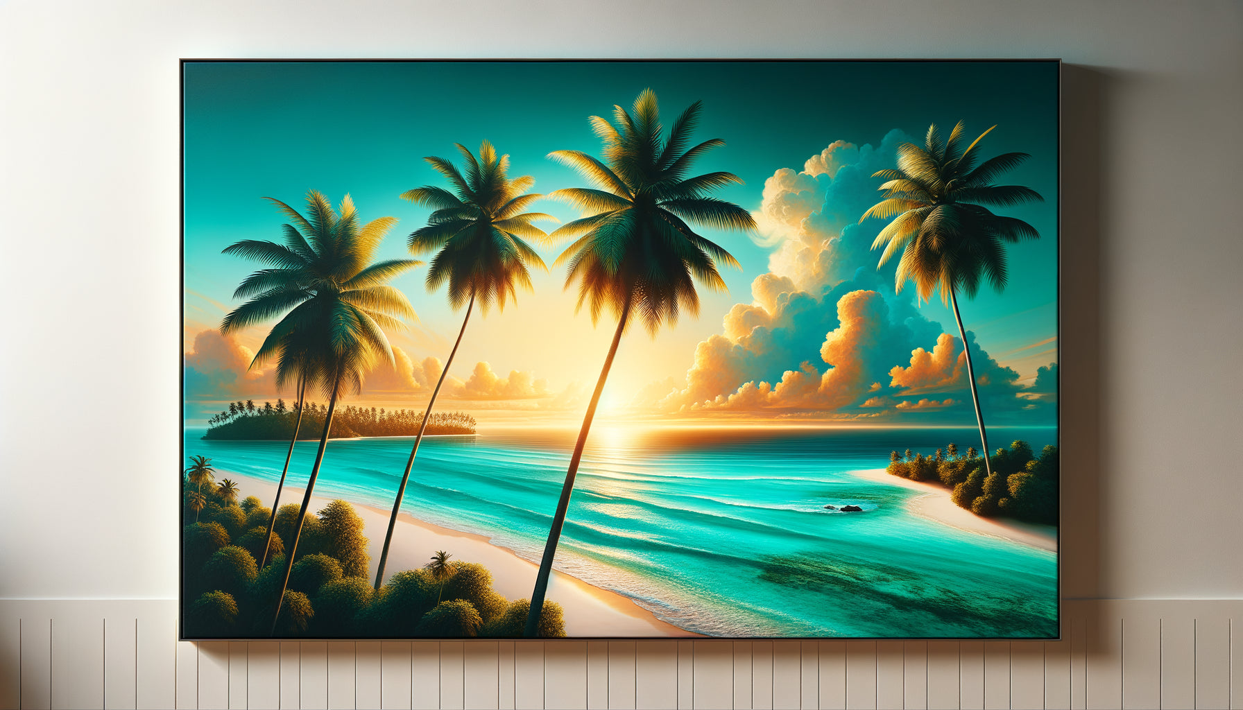 Tableau tropical avec palmiers et plage paradisiaque évoquant une destination balnéaire exotique dans un intérieur contemporain