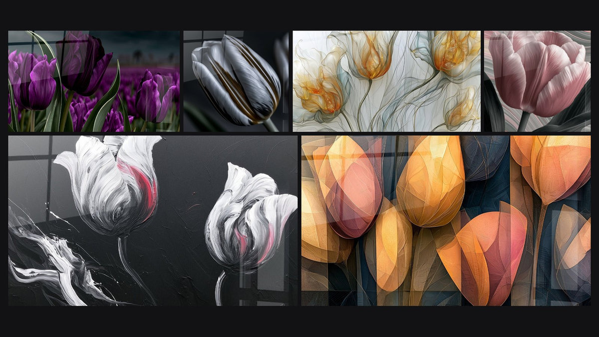 Mosaic of six paintings, including Purple Tulips and Dark Green in Field and White Tulip with Amber Veins