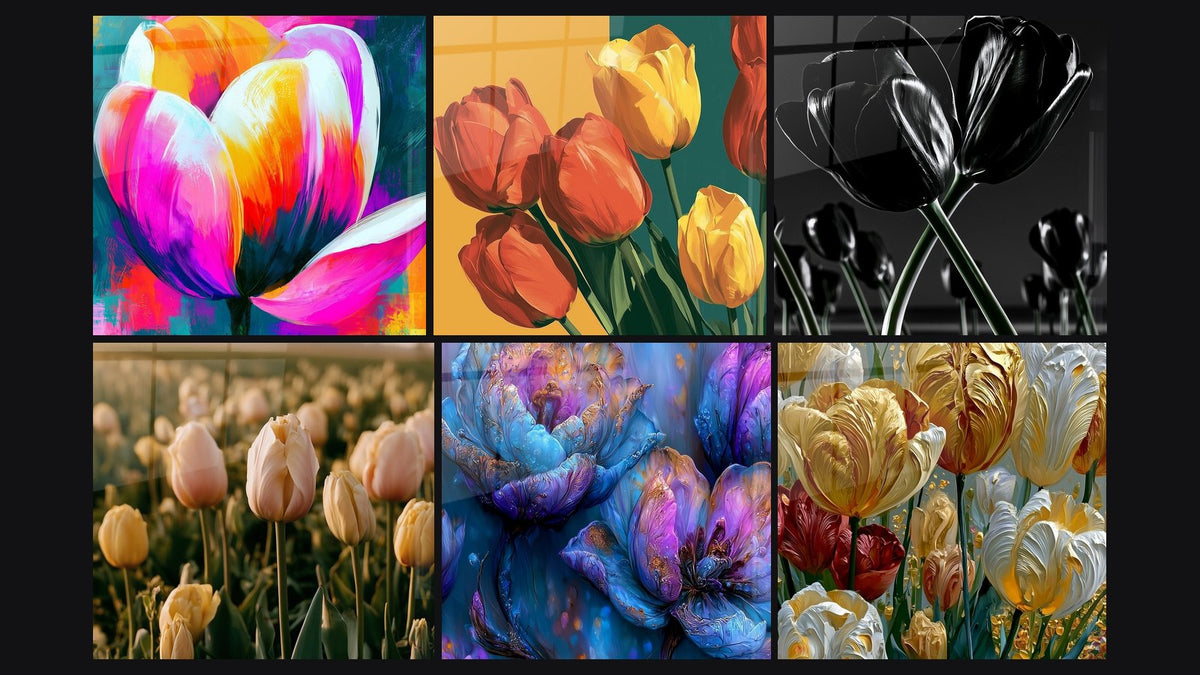 Mosaïque de six tableaux, dont Tulipe rose et jaune aux pétales lumineux et Tulipes rouges et jaunes sur fond bicolore