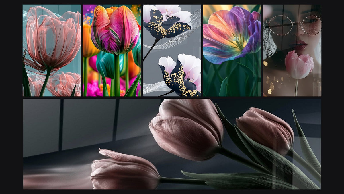 Mosaïque de six tableaux, dont Tulipe ouverte pétales violets et roses