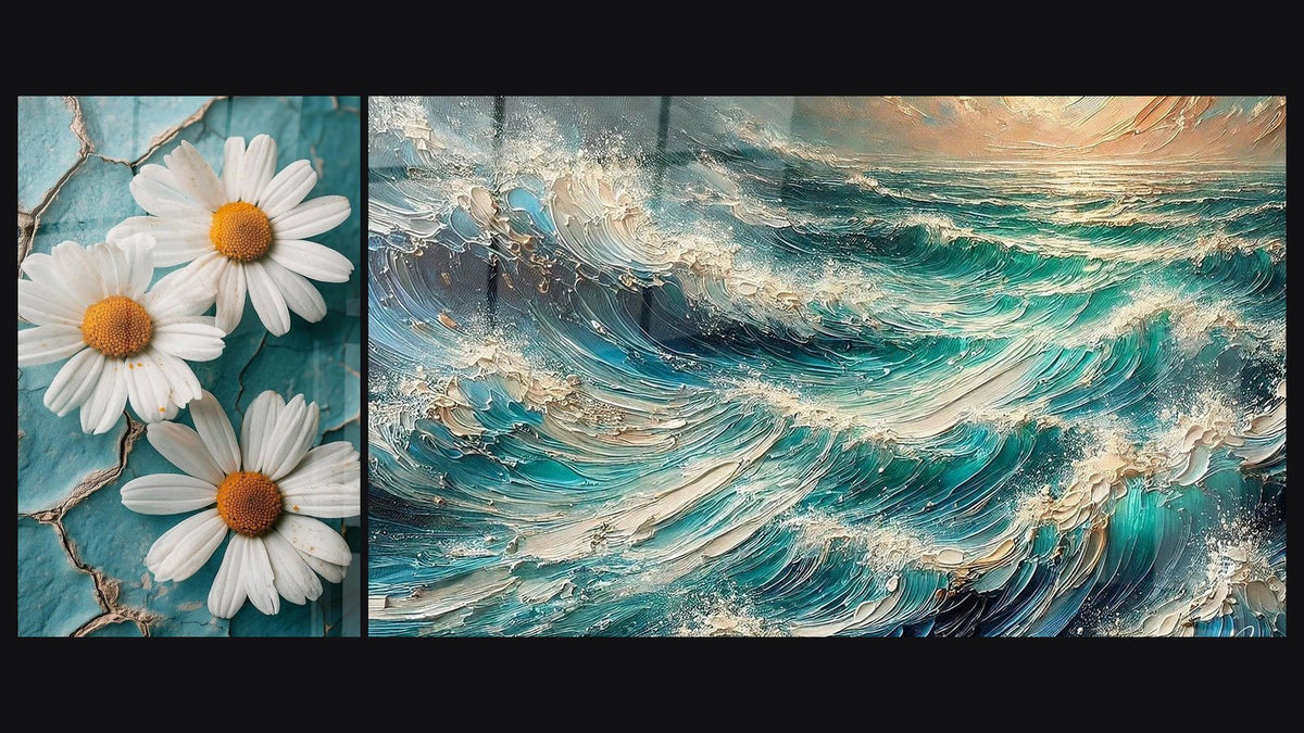 Deux tableaux côte à côte : Marguerite N°2 et Flots Indomptés
