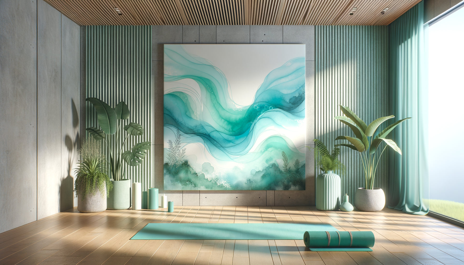 Studio de yoga contemporain avec tableau abstrait turquoise et vert d'eau, ambiance apaisante et harmonieuse pour méditation