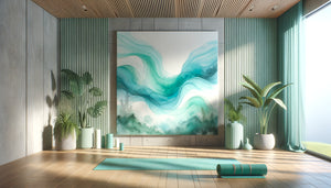 Studio de yoga contemporain avec tableau abstrait turquoise et vert d'eau, ambiance apaisante et harmonieuse pour méditation