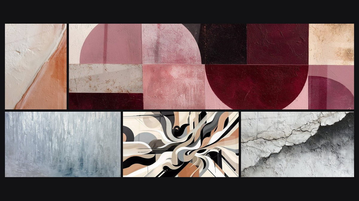 Mosaico de cinco cuadros, entre ellos Vibraciones Gráficas y Textura Mural Agrietada Blanco y Gris