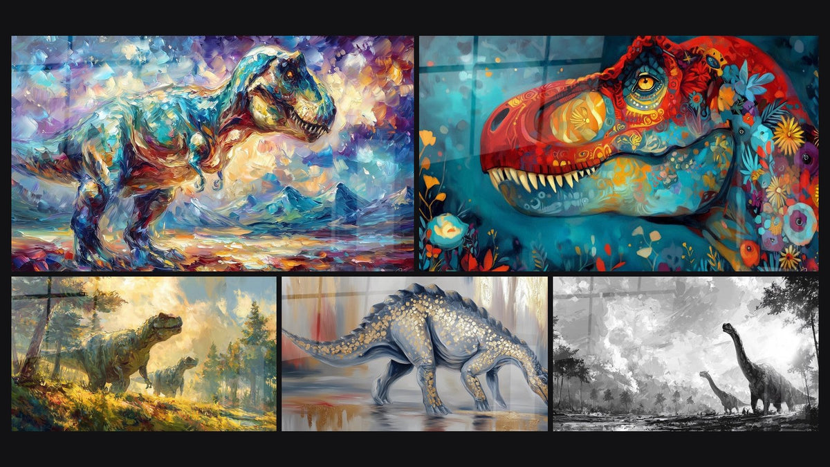 Mosaïque de cinq tableaux, dont T-Rex coloré, Tyrannosaurus Rex en forêt préhistorique et Dinosaure Blindé