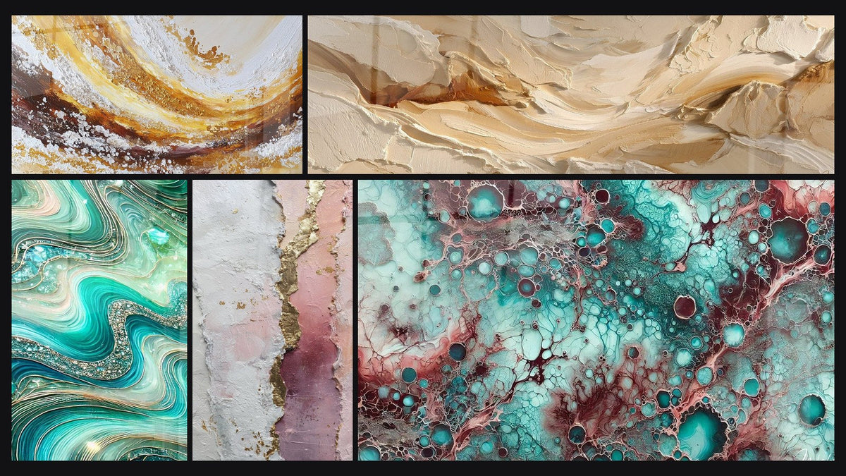 Mosaïque de cinq tableaux, dont Vagues Cristallines, Abstrait rose blanc or avec texture dorée et Essence de Grenat