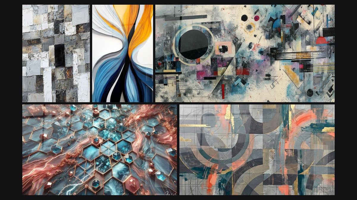 Mosaïque de cinq tableaux, dont Mosaïque Abstraite Gris et Blanc et Flux dynamiques colorés