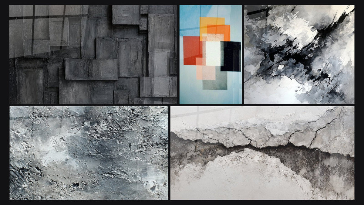 Mosaïque de cinq tableaux, dont Formes Géométriques Contraste Fonctionnel et Abstrait gris argenté texturé