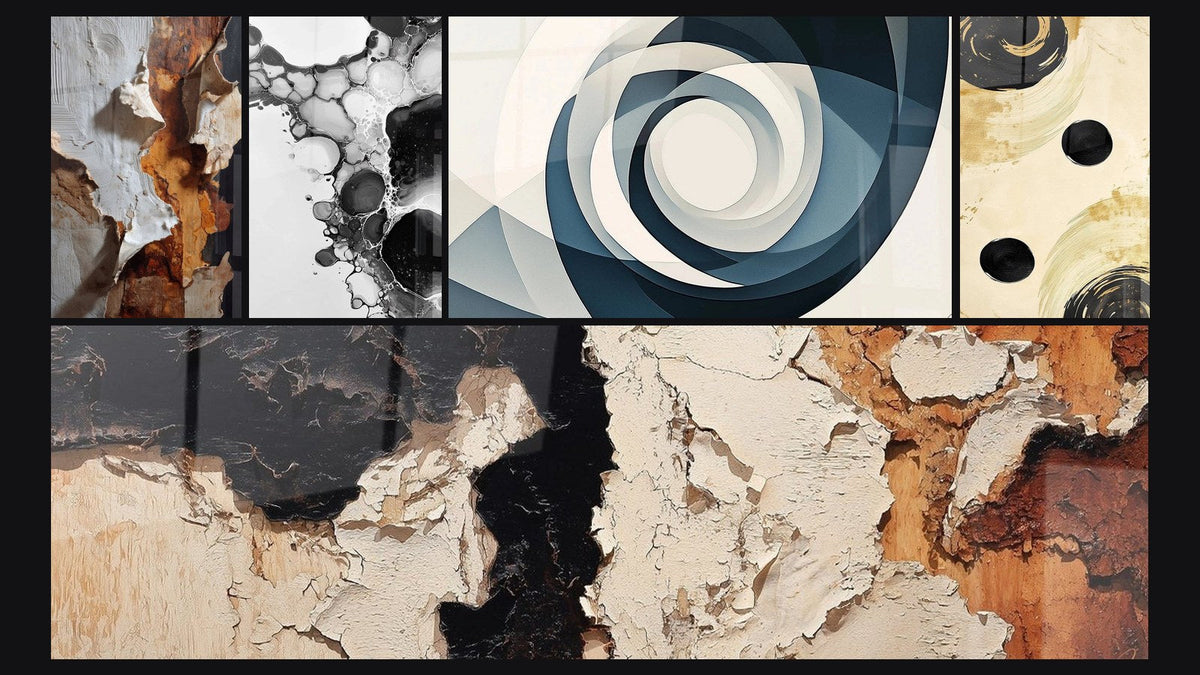Mosaïque de cinq tableaux, dont Bulles abstraites, Vortex Azur et Équilibre Sphère Noir