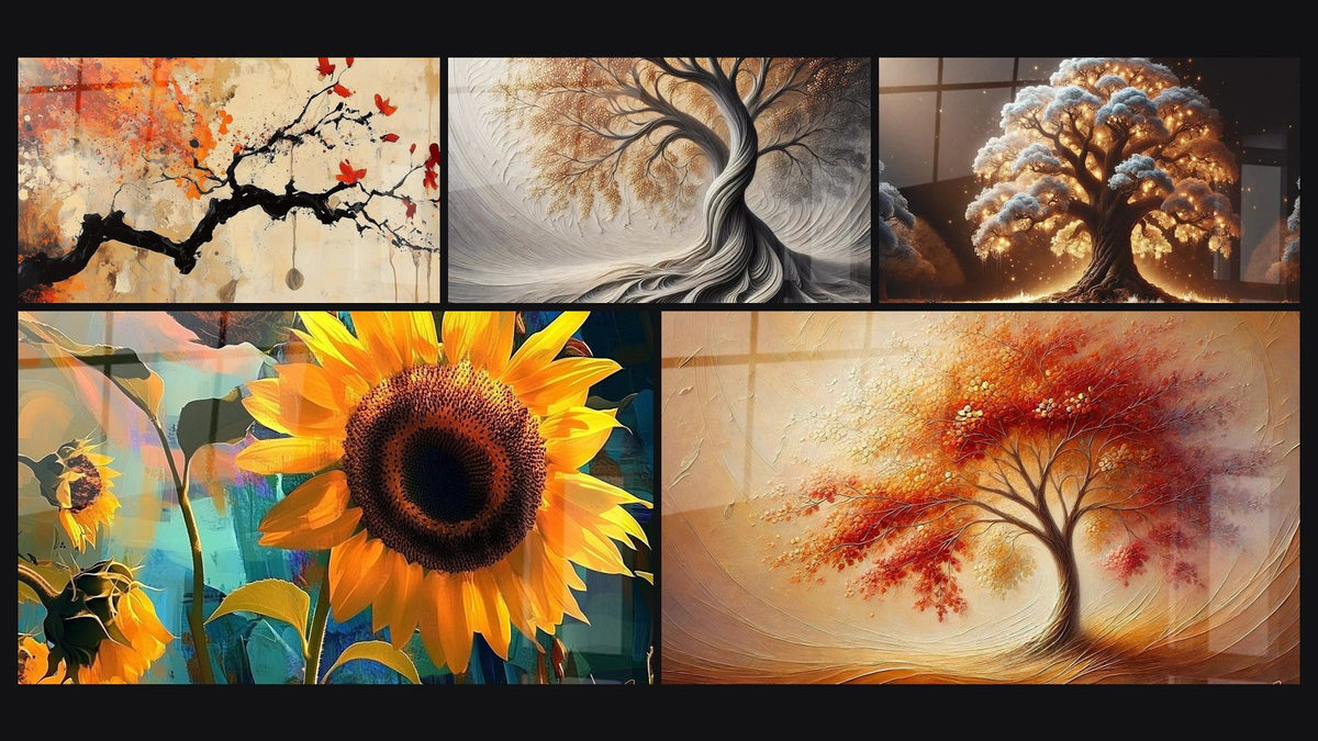 Mosaico di cinque quadri, tra cui Girasole N°1, Respiro della Terra e Danza delle Stagioni