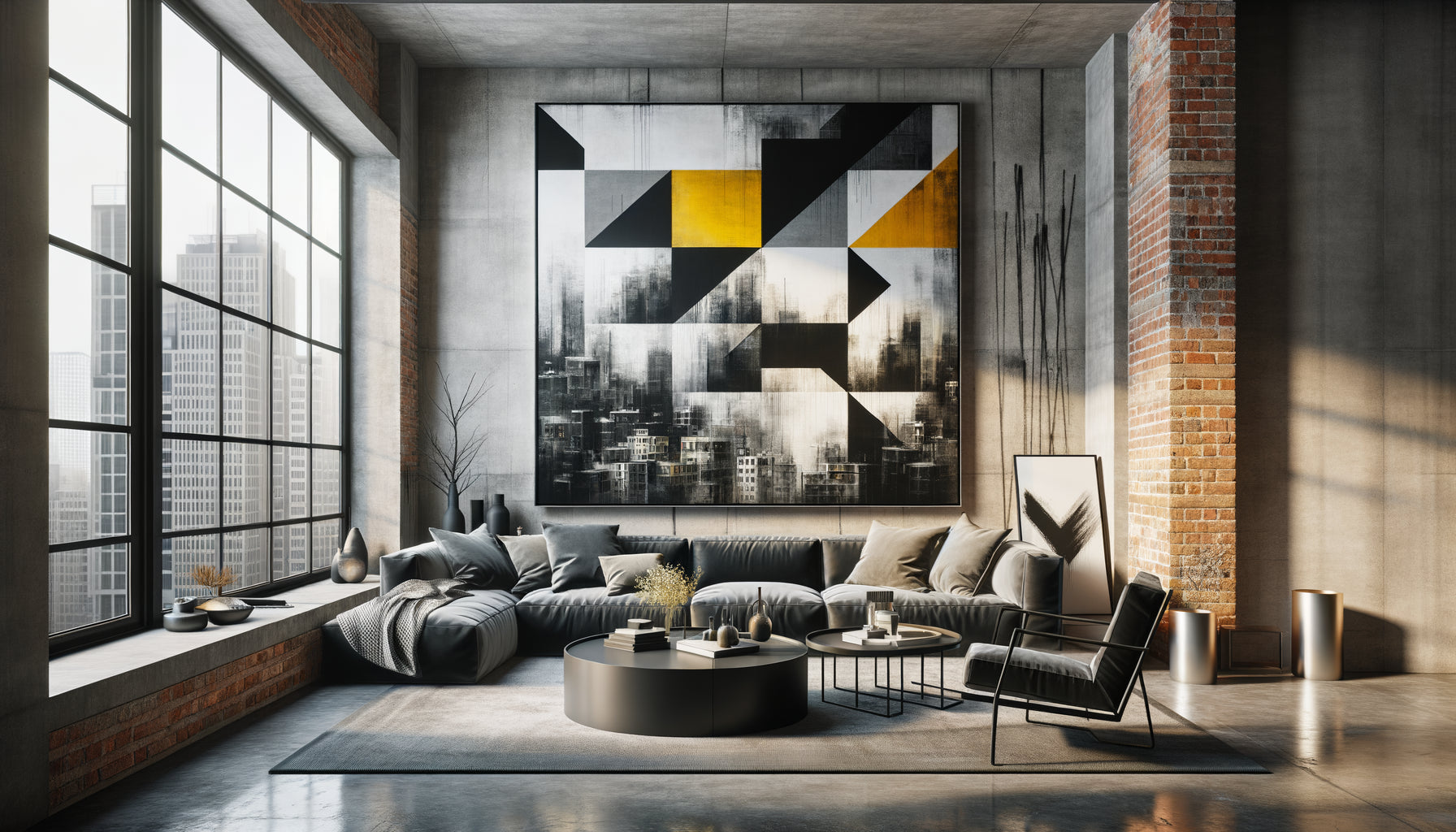 Intérieur d'appartement contemporain avec grand tableau urbain abstrait géométrique aux couleurs vives sur mur de briques