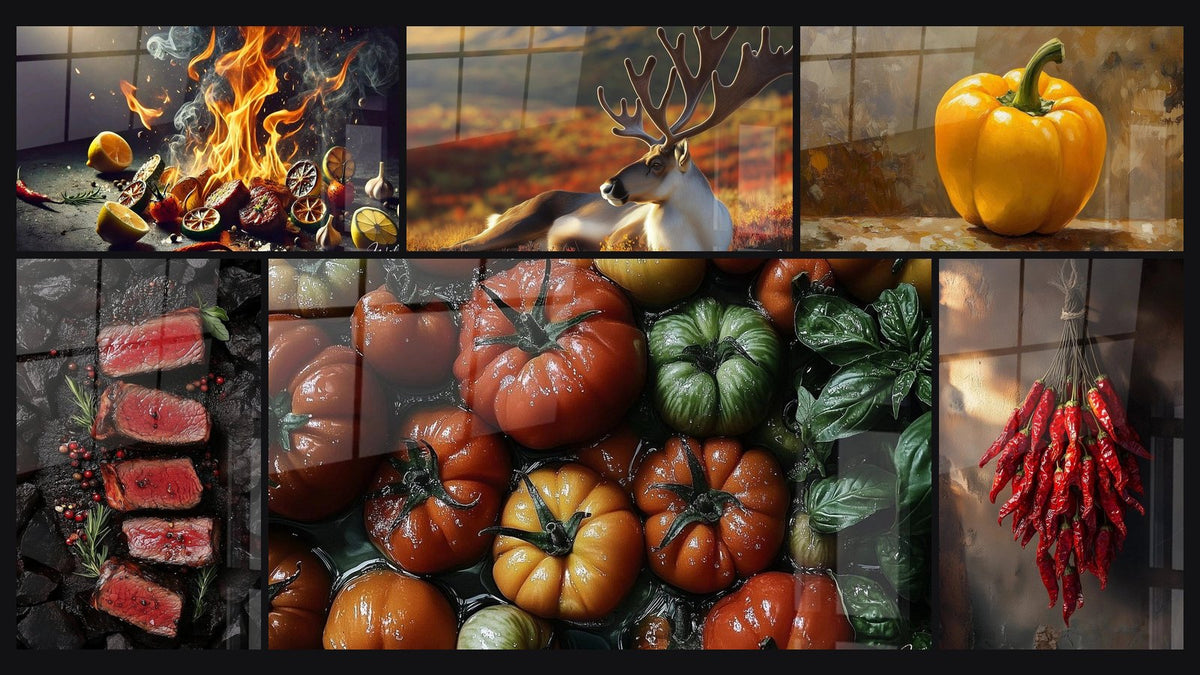 Mosaik aus sechs Gemälden, darunter Fleisch-Wandbild Nr. 1, Tomate Nr. 1 und Paprika-Wandbild Nr. 1